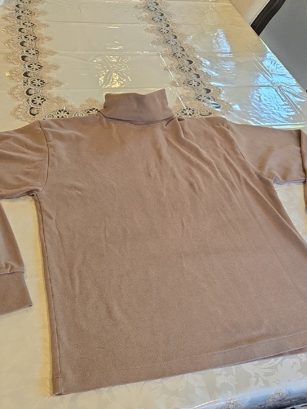 Turtleneck Sweater - Beige Tan Size L Long Sleeves Fold Over Neck